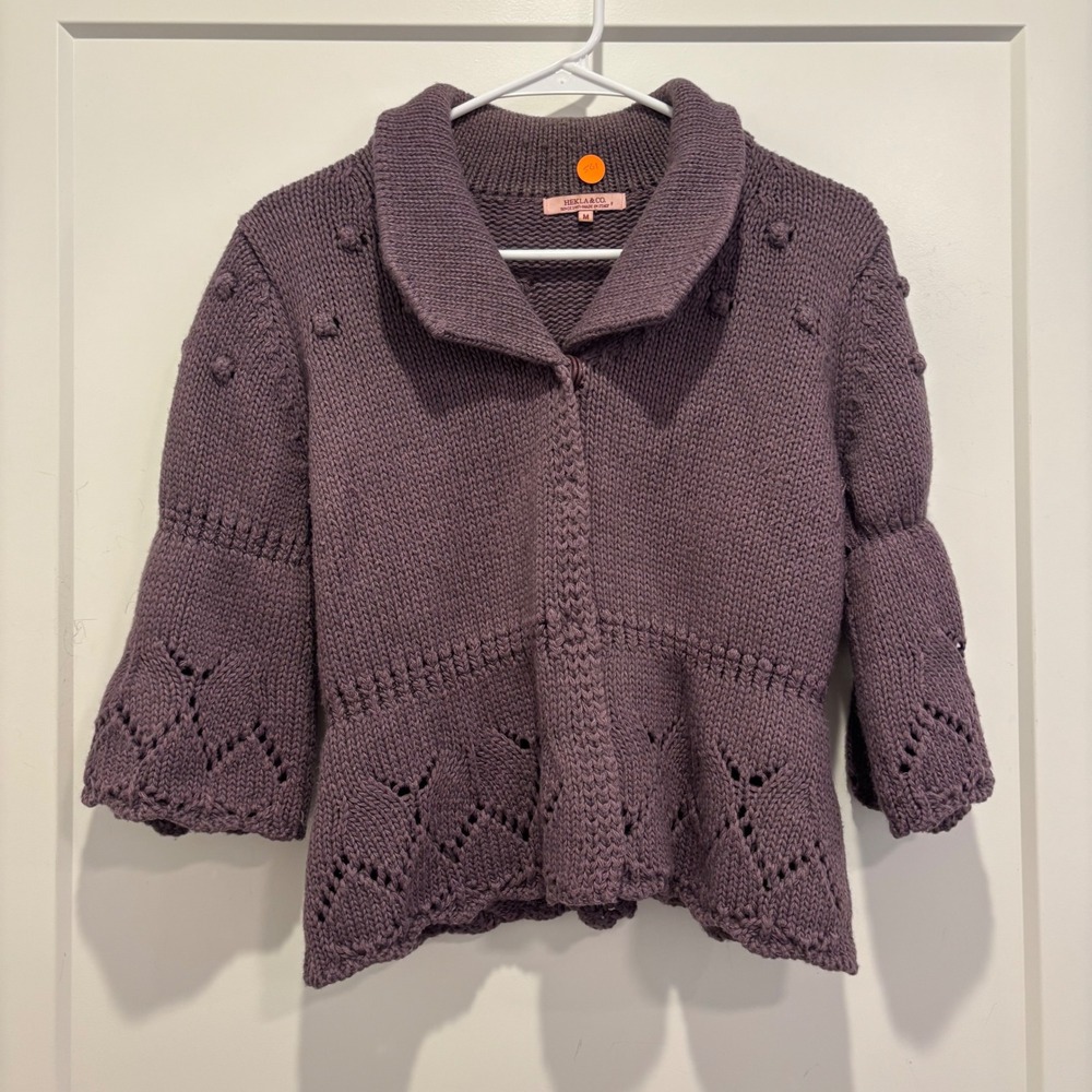 Hekla & Co Italy Purple Wool Blend Bobble Pointelle Knit Cardigan Sweater Medium